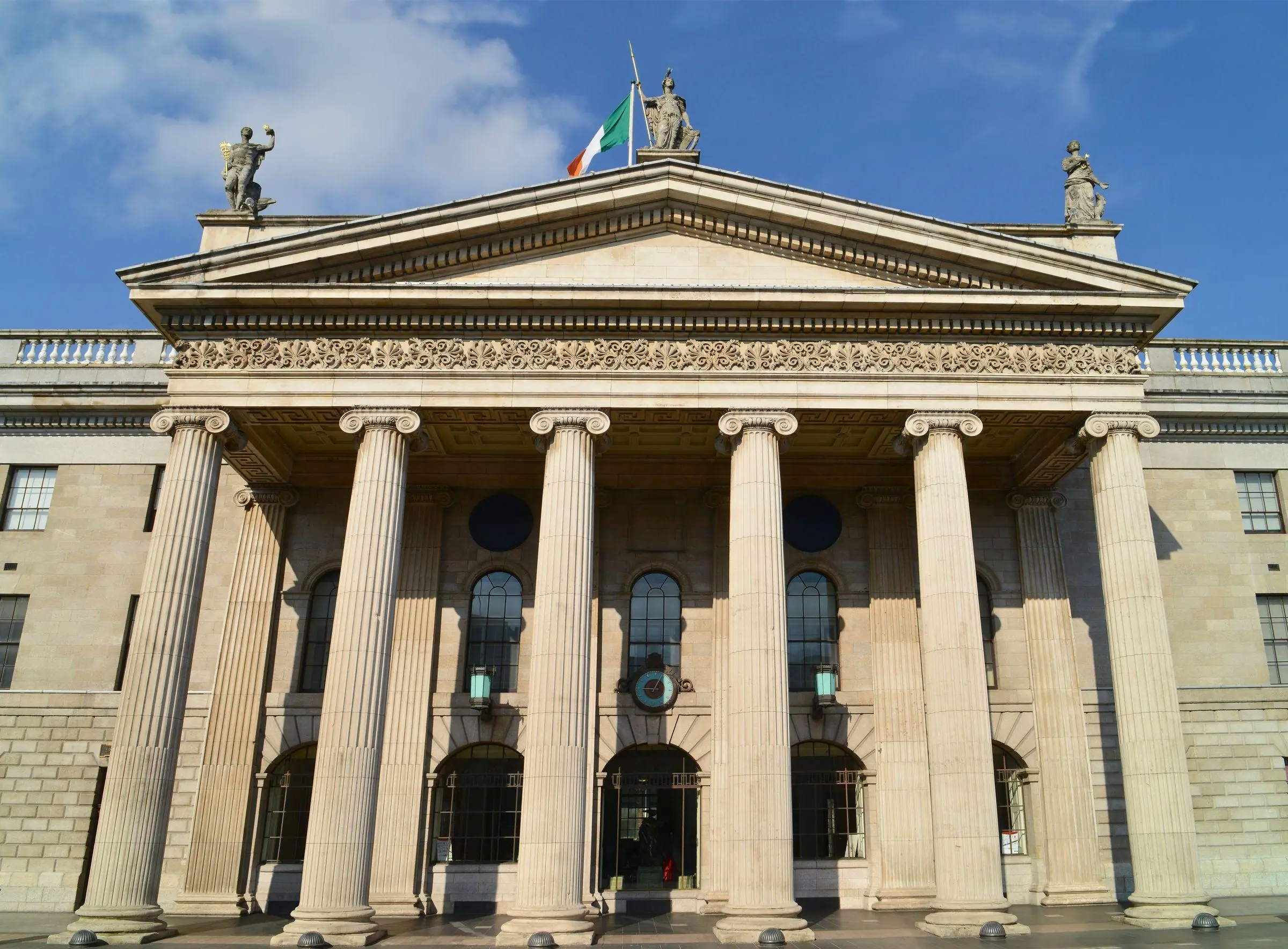 The Greek Revival portico of the General Post Office on O'Connell Street in Dublin